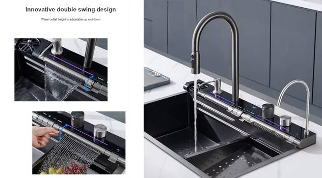 _X-XONIER Smart Dual Waterfall Kitchen Sink 304 Grade Stainless Steel