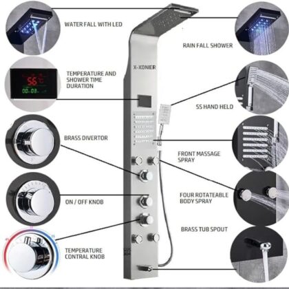 X-XONIER® Stainless Steel Shower 304 Grade Panel 6 in 1 Panel, Rainfall, Waterfall Shower, Body Massage Mist Spray, SS Handheld, Temperature Display, Hot & Cold Mixer (Silver)