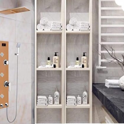 X-XONIER® Stainless Steel 304 Grade shower Panel 6 in 1 Tower System With Led Rainfall Shower Body Massage Spray SSHandheld shower Temperature Display.(Rose Gold)